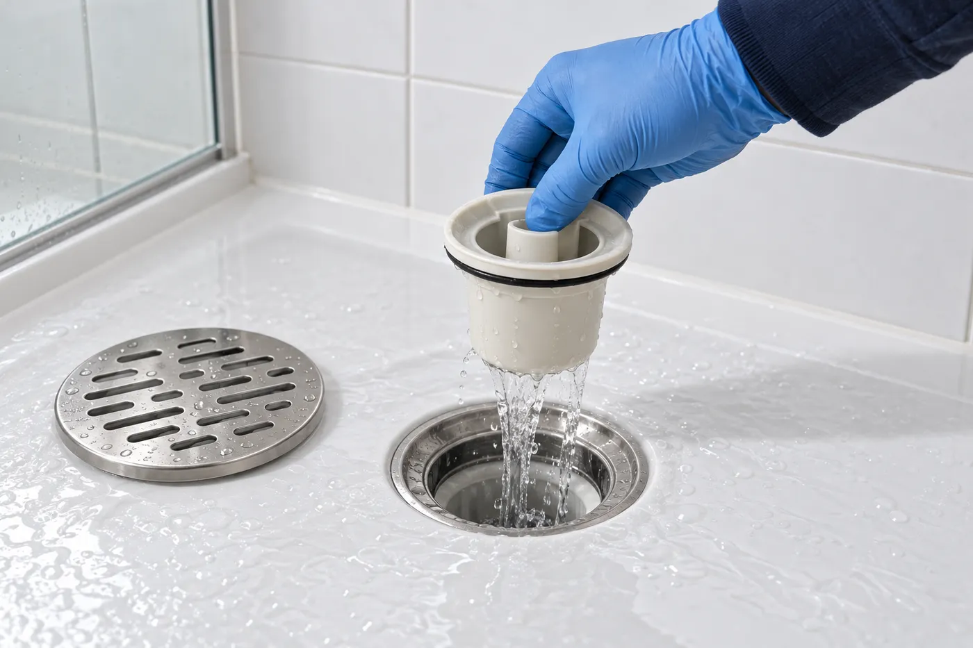 Main gantée retirant le siphon d'une douche après dépose de la grille en inox, eau qui s'écoule