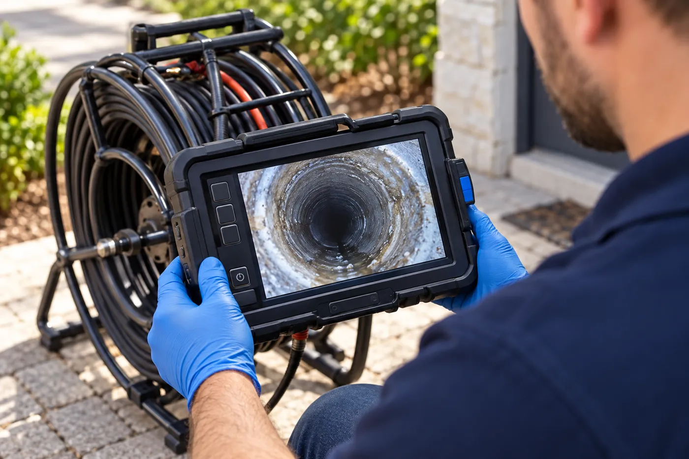 Écran d'inspection caméra montrant l'intérieur d'une canalisation, tenu par un technicien ganté