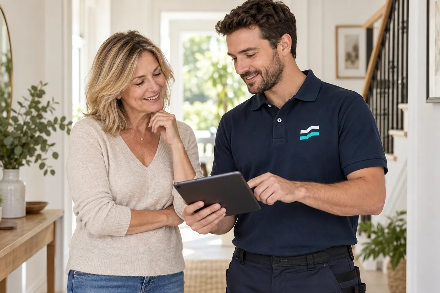 Technicien Torcy Débit Libre présentant un devis sur tablette à une habitante avant les travaux
