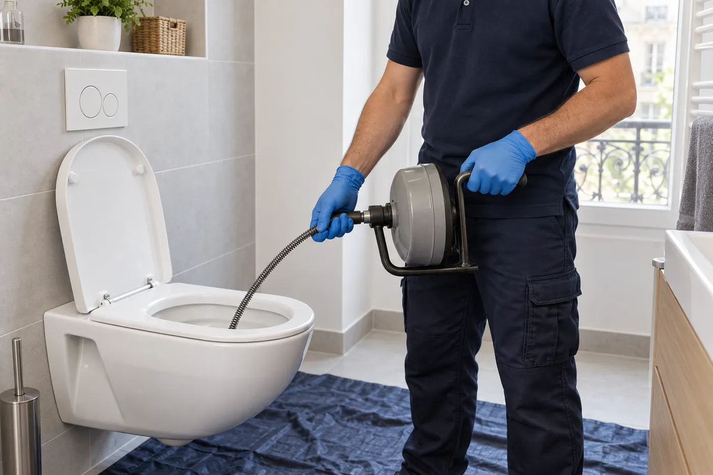 Technicien en polo marine passant un furet manuel dans une cuvette de WC suspendu, bâche de protection au sol